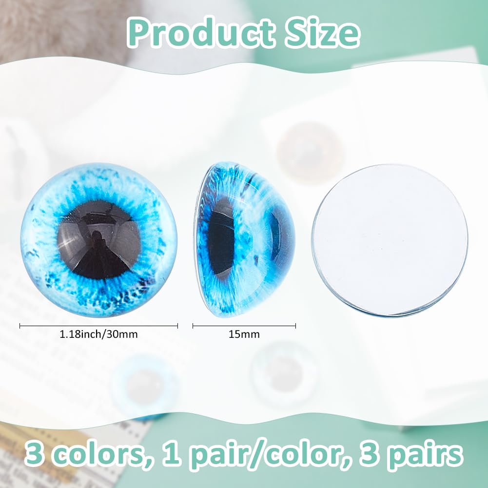 SUPERFINDINGS 3 Paio 3 Colori Assortiti Occhi 30mm Occhi di Vetro Occhi Semicircolari Occhi di Gatto Occhi A Cupola in Vetro Cabochon Occhi di Sicurezza per Animali Sculture Oggetti Scena Creazione
