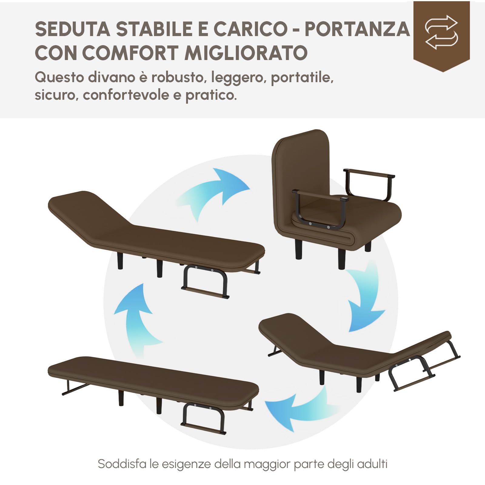 Fabulcozy Poltrona Letto 4 in 1 – Poltrona Letto Singolo Pieghevole con Cuscino, Poltrone Sofa Divano Schienale Reclinabile, Poltrone Sofa Pouf 60L x 68P x 85A cm(Marrone)