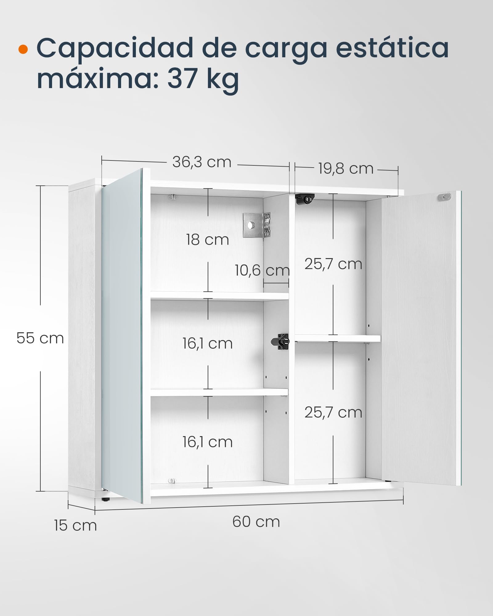 SONGMICS Home Armario de Baño con Espejo, Montaje Súper Rápido Sin Herramientas Toolless, Espejo con Compartimento, Estantes Ajustables y Puertas, Moderno, 15 x 60 x 55 cm, Blanco Nieve BBC114WE01