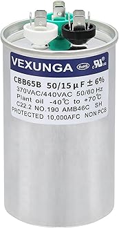 50/15 uF 50+15 MFD 370VAC or 440VAC Dual Run Start Round A/C Capacitor CBB65 Air Conditioner Capacitors for AC Unit Fan Motor Start or Heat Pump or Condenser Straight Cool