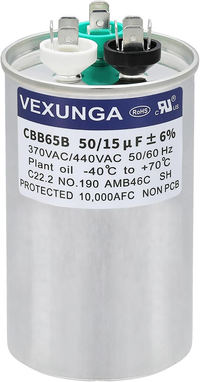 VEXUNGA 50/15 uF 50+15 MFD 370VAC or 440VAC Dual Run Start Round A/C Capacitor CBB65 Air Conditioner Capacitors for AC Unit Fan Motor Start or Heat Pump or Condenser Straight Cool