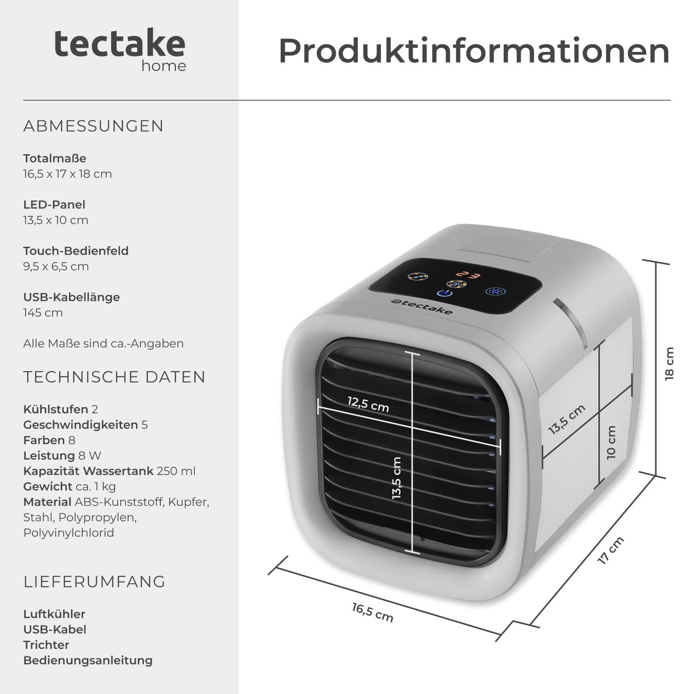 tectake® Luftkühler mit LED, mobile Klimaanlage ohne Abluftschlauch, Ventilator mit Wasserkühlung, Klimagerät, Air Conditioner, Tischventilator und Luftbefeuchter in einem, Mini Klimaanlage - grau
