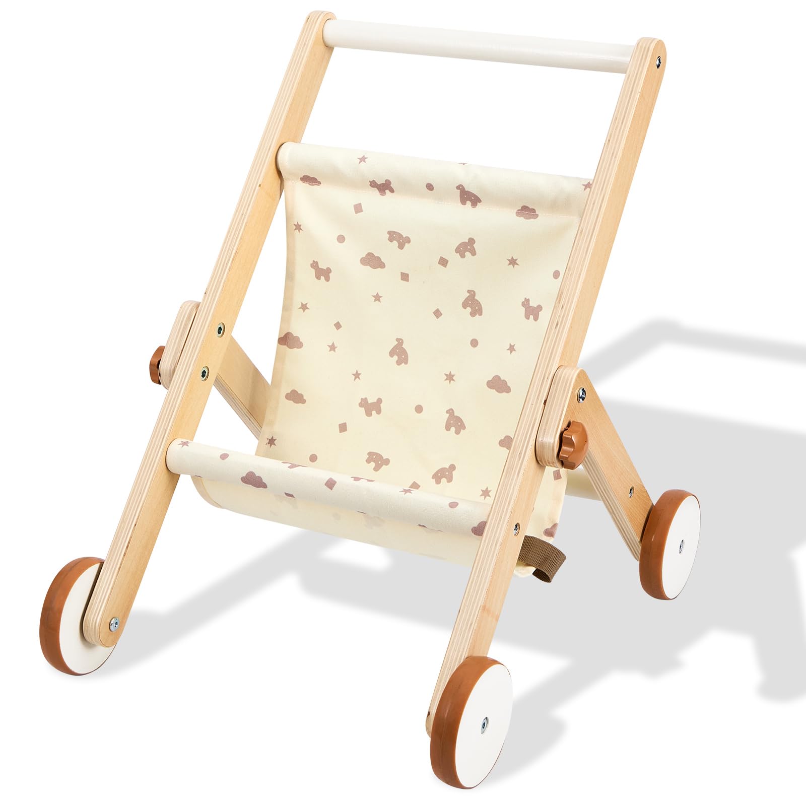 FUNLIO Wooden Doll Stroller for Toddlers 12 Months+, Adorable Natural Baby Doll Strollers for Pretend Play, Rounded Corner & Stable Triangular Structure, Easy to Assemble & Fold - Natural