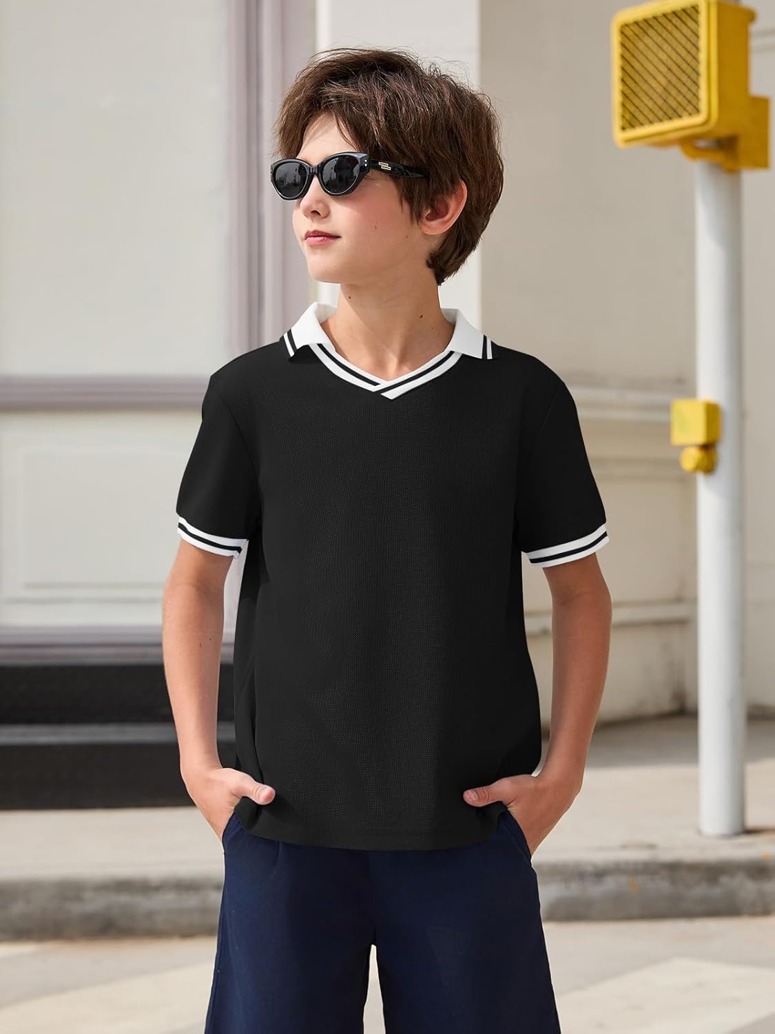 Haloumoning Boys Short Sleeve Pique Polo Shirts Kids Casual V Neck Color Block Uniform Golf Shirt 5-14 Years - Image 3
