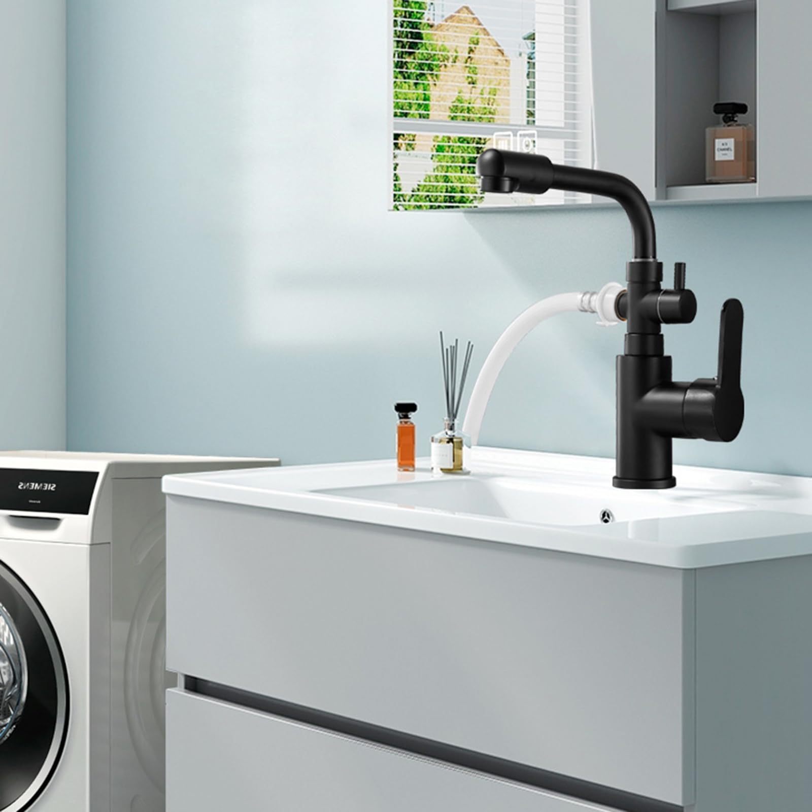 Grifos para Lavabos De Baño Grifo con conector De 1/2 Pulgadas Grifo Lavadora Doble Salida Agua Fría Y Caliente Un Solo Orificio,Plata