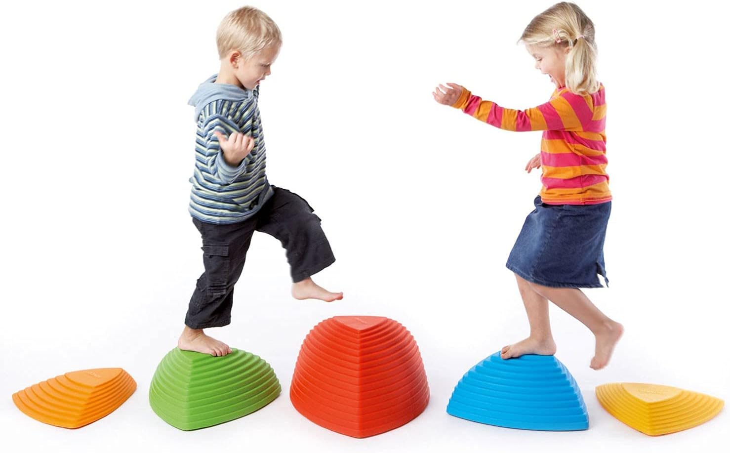 Stepping Stones, Assorted Sizes: (2) 14.96" x 14.56" x 3.35", (2) 16.14" x 16.14" x 6.69", (1) 16.92" x 16.92" x 10.23"; Set of 5 Hilltops in 3 Heights; Ages 3-7
