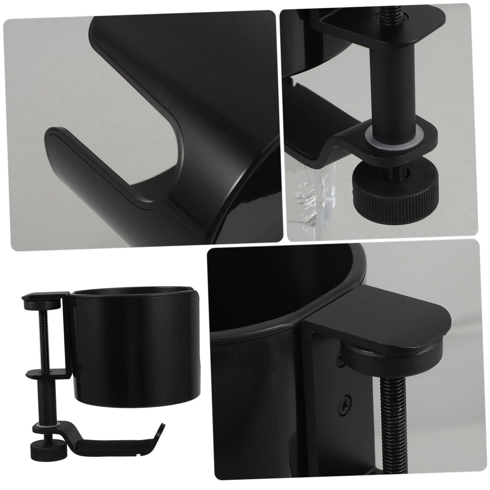 WOONEKY Klemmbarer Becherhalter mit Drehbarem Haken Aluminiumlegierung und Kunststoff für Schreibtisch und Innenbereich Schwarz