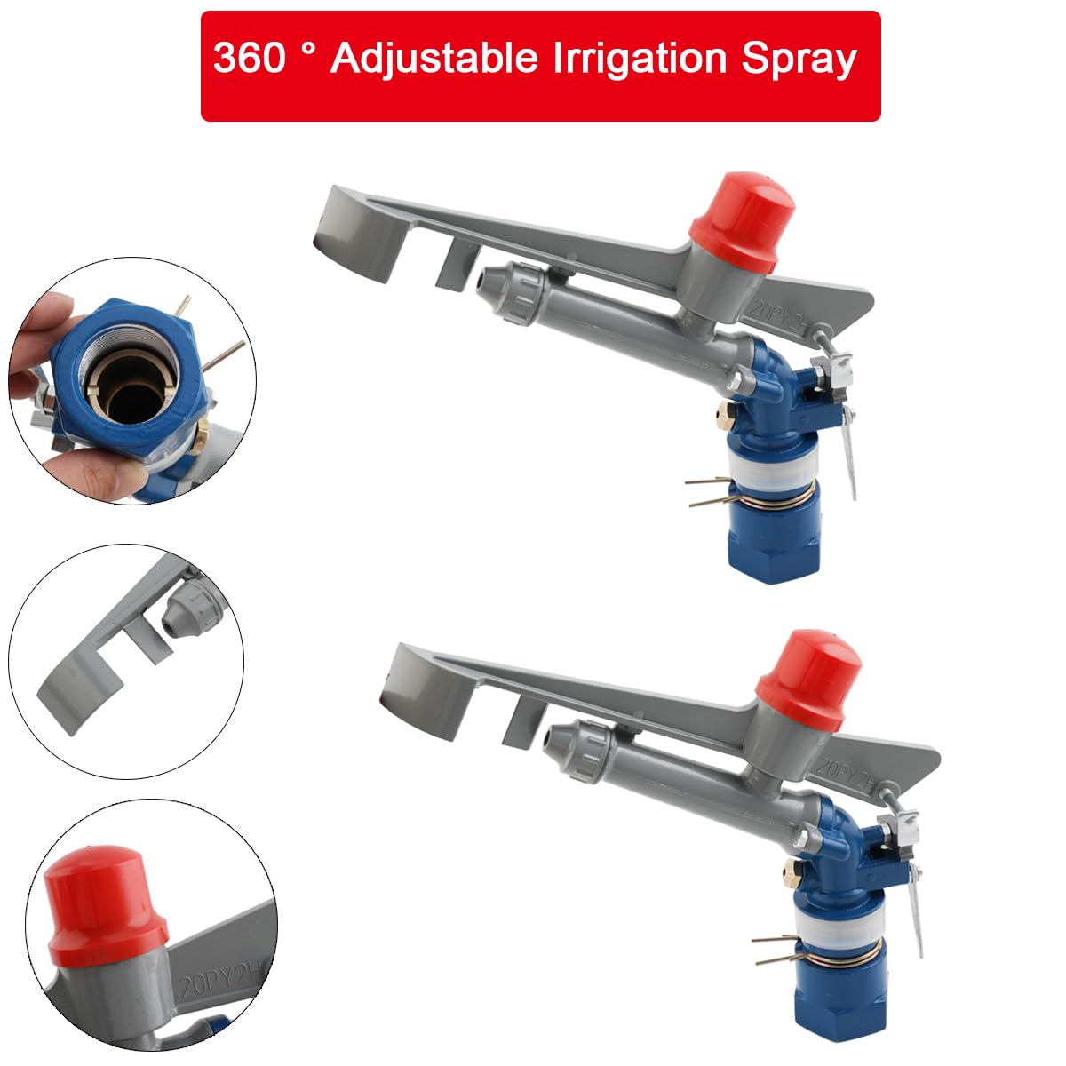 Pistola de aspersión ajustable de 360 grados, 2 unidades, pistola de riego industrial a gran escala para granjas, huertos, té, jardines, silvicultura, trigo, 1 pulgada