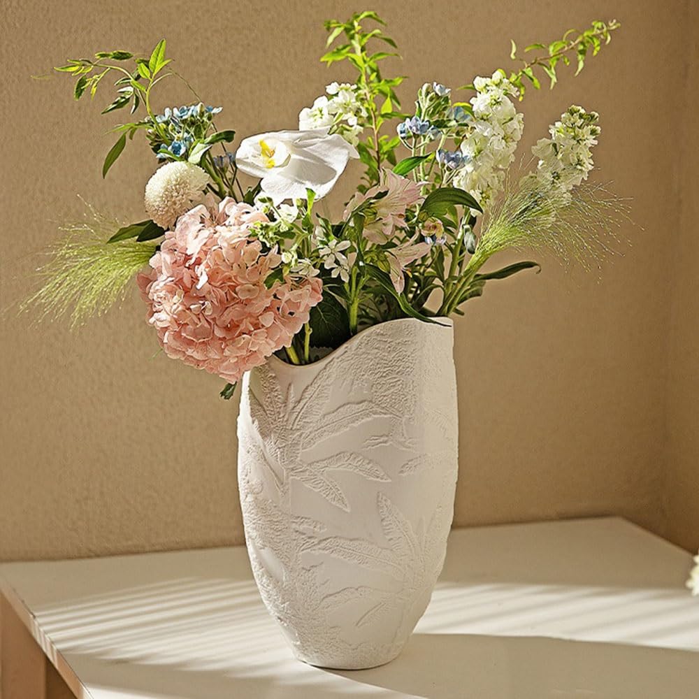Jarrón de cerámica Jarrón de cerámica Blanca con Relieve Hojas, Adorno hidropónico for Flores Frescas Florero