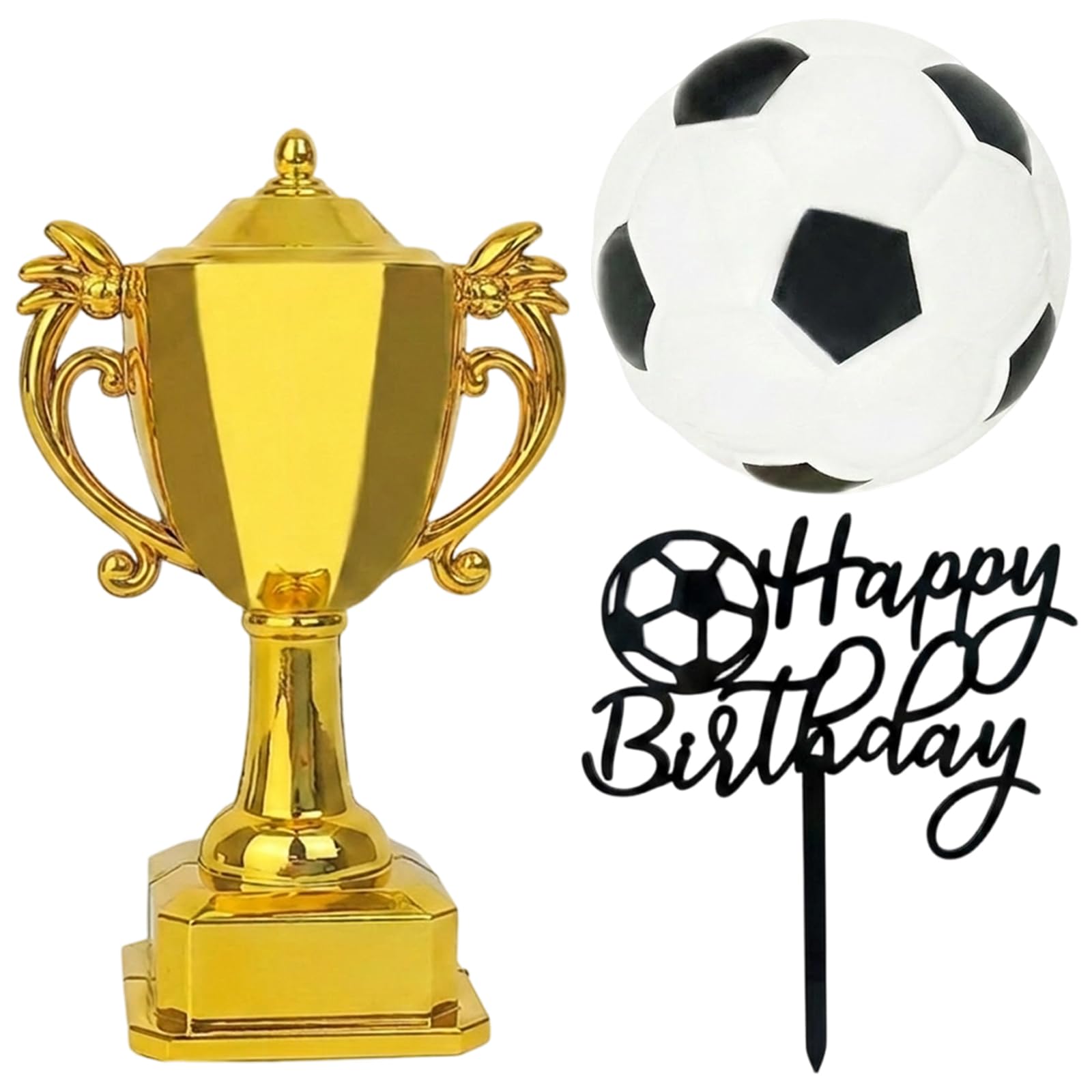 3-Pack Football Cake Topper, Premium Football Cake Decorations, Soccer Theme Football Cake Toppers for Birthday Party and Father's Day Celebration,Cake Decor (Football 6cm, Trophy 8.5x5cm)