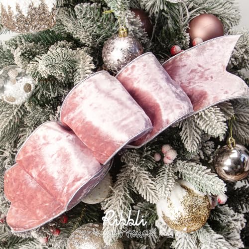Image of Ribbli Light Pink Velvet Wired Ribbon 4 Inch Metallic Pink Silver Crushed Velvet Christmas Ribbon for Gift Wrapping Christmas Tree Decoration Crafts Wreaths Supplies-Continuous 10 Yards