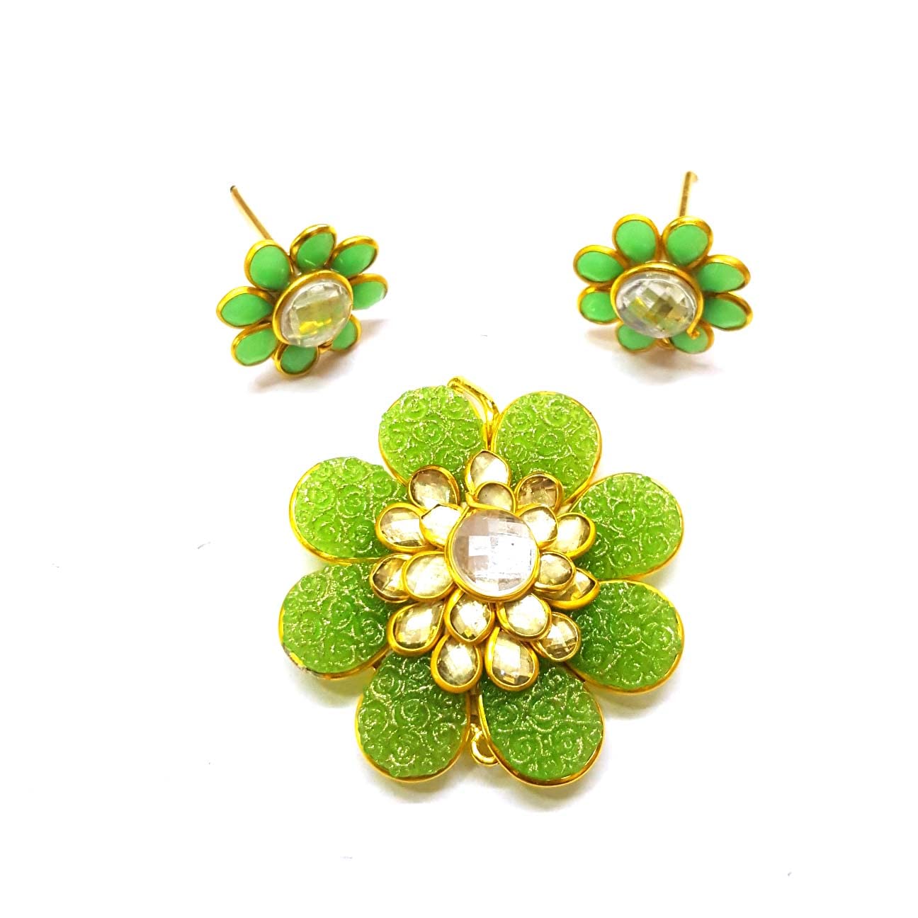 Jaipri Parrot Green Carving Pacchi Pendant Pendant - 1.5 inches Earrings - 0.75 inch-image-13