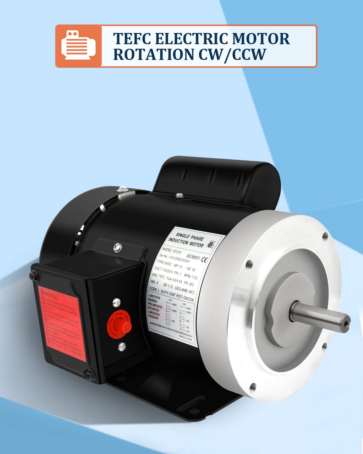 1/2HP Electric Motor Single Phase,1750RPM, 5/8" Shaft Diameter CW/CCW, TEFC 60HZ 115/230V General Purpose Motor