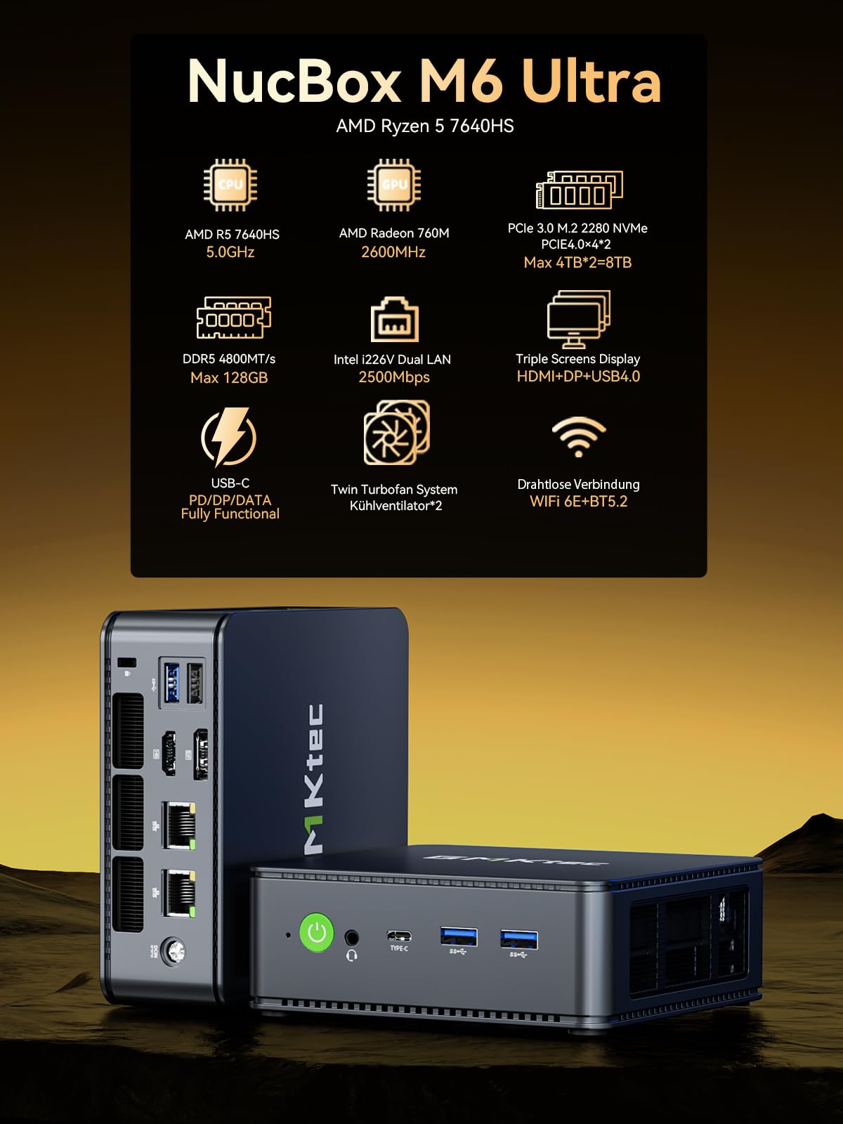 GMKtec Gaming Mini PC Ryzen 5 7640HS (stärker 6800H) mit grafikkarte AMD 760M, 32GB DDR5 RAM 512G M.2 SSD, Mini Desktop Computer mit Dual 2.5G LAN/WiFi 6E/Triple 4K Display/USB 4.0 für Spiele und Büro