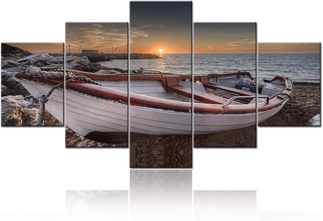 5 Piece Canvas Wall Art For Living Room- Turquoise Red Fishing Boat at Sunrise on Bournemouth Beach with Pier in Far Distance - Modern Home Decor Stretched and Framed Ready to Hang - 60"W x 32"H 60"W x 32"H Artwork-04