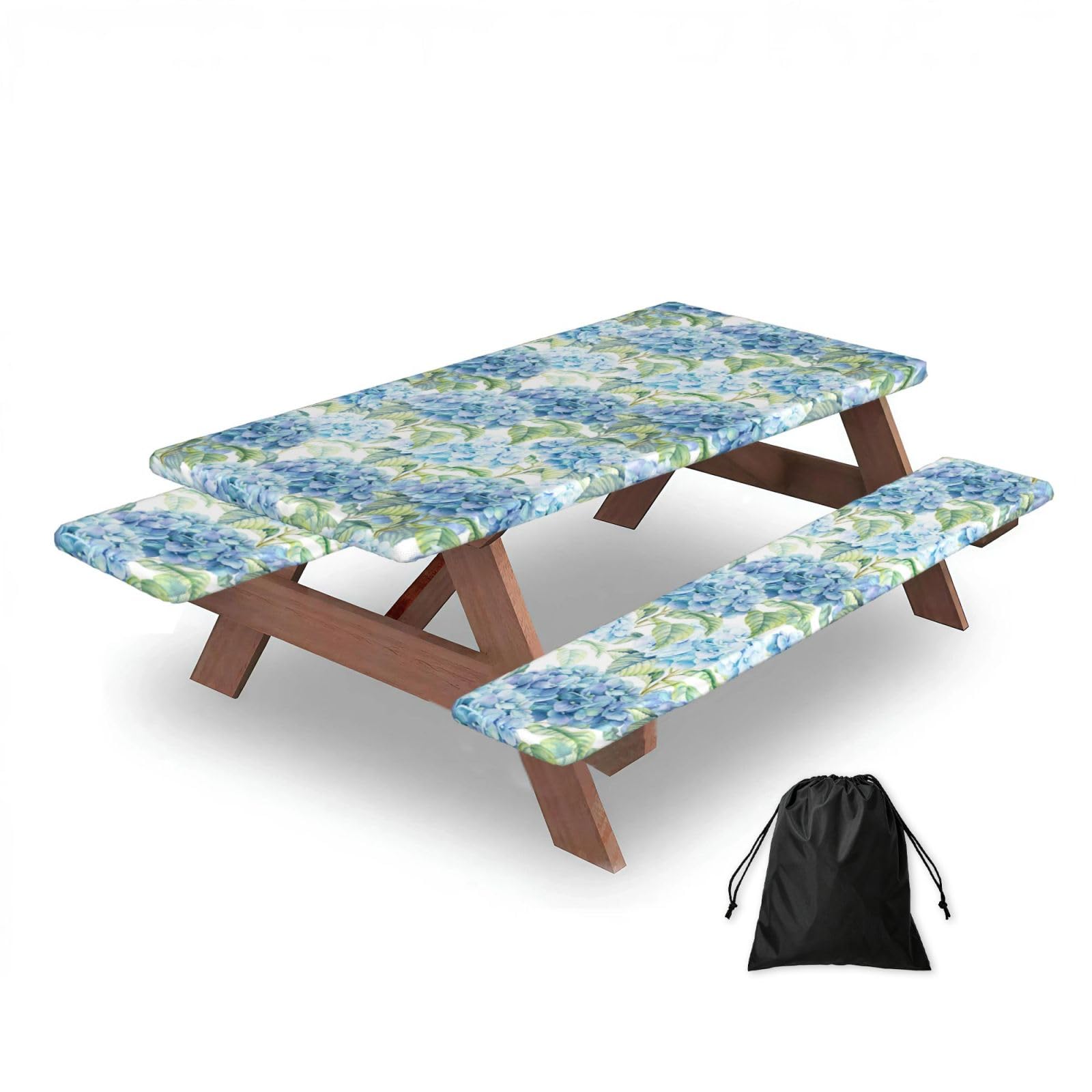 Hydrangea Watercolor Printed, Picnic Table Cover With Bench Covers -Waterproof Elastic Fitted Tablecloth for Garden Camping Patio 76x152cm