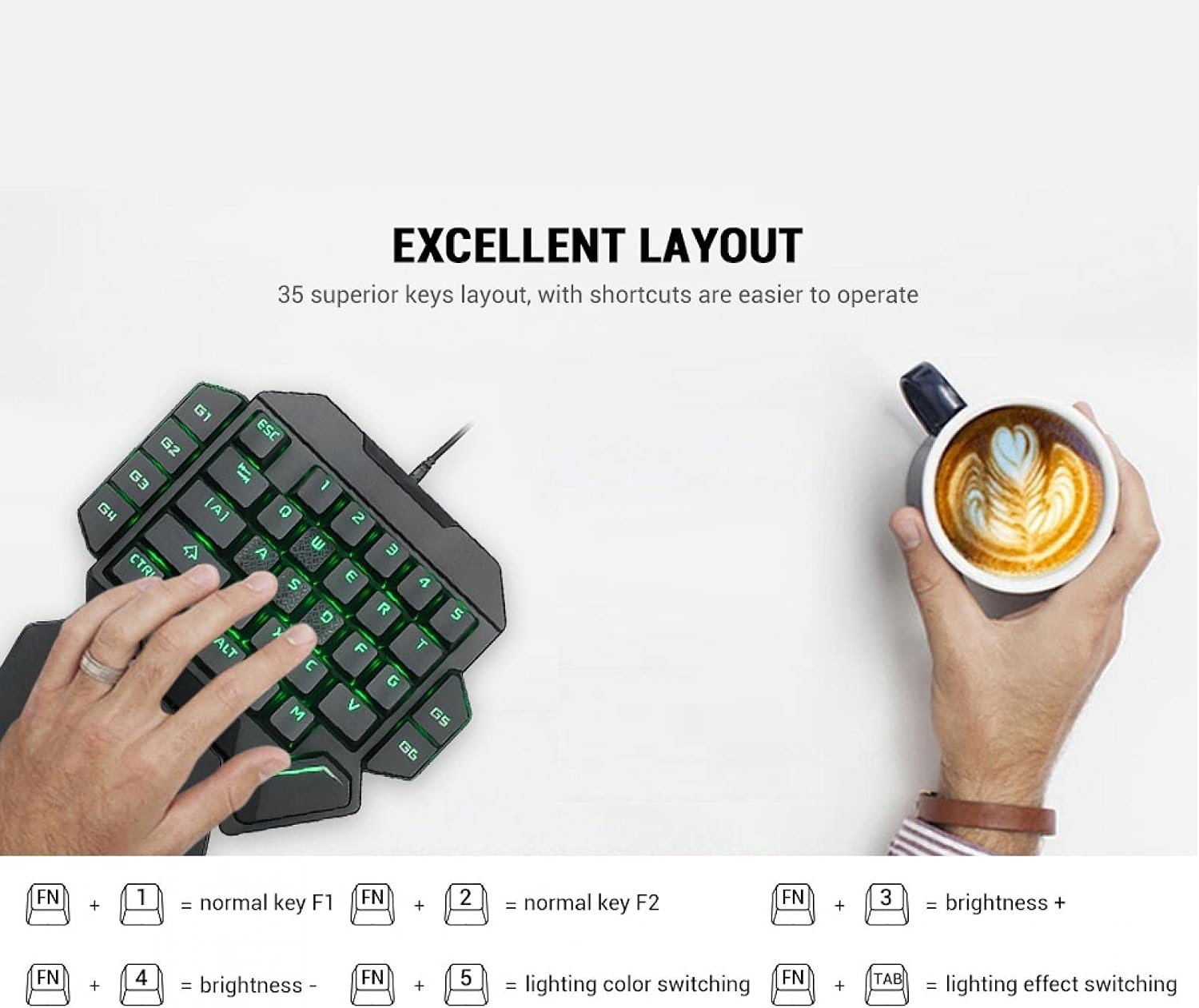 Joyzan One Handed Keyboard, Wired RGB Mechanical Gaming Keyboard 35 Key Backlit USB Professional Mini Keypad Support 6 Macro Keys Portable Single Hand Ergonomic Controller Wrist Rest PC Gamer Laptop