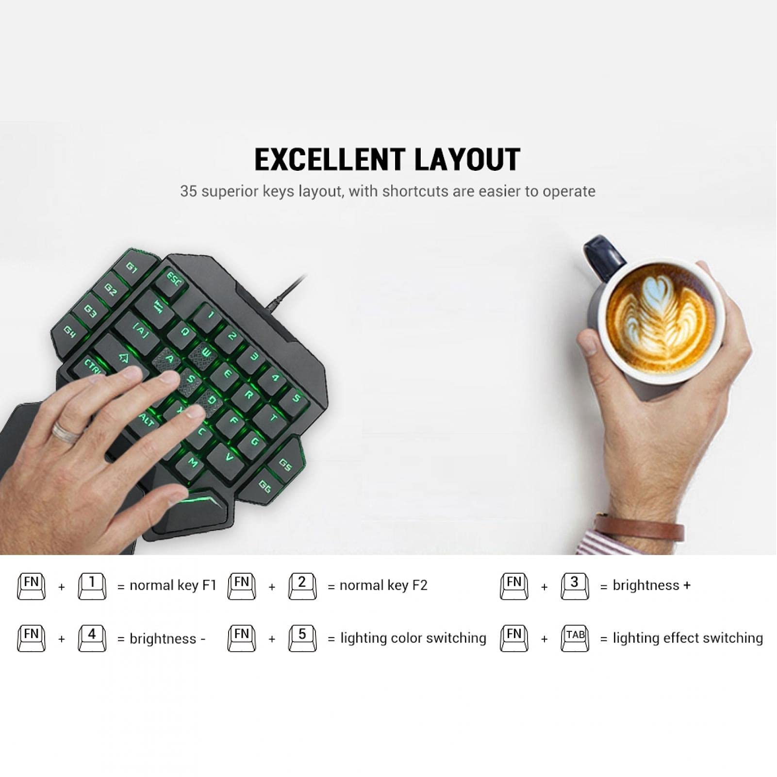 Tastiera meccanica a una mano, interruttore blu 35 tasti Tastiera meccanica da gioco luminosa retroilluminata RGB, con funzione di definizione macro, controller di gioco ergonomico per PC Gamer