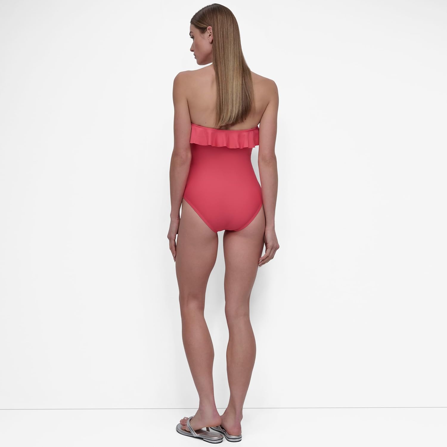 DKNY Womens Pin-up Ruffle Bandeau One Piece Swimsuit with Tummy Control