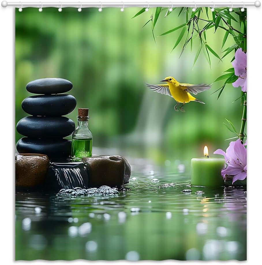 Japanese Garden Shower Curtain Zen Stone Spa Green Bamboo Leaves Flowers Asian Meditation Relaxing Fabric Bathroom Curtain with Hooks, 70Wx86H