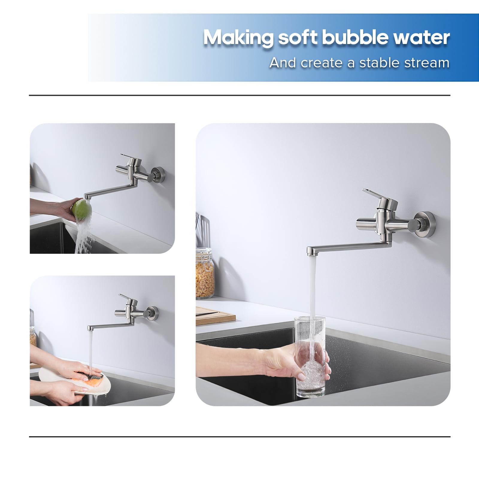 Decaura Wand Küche Wasserhahn, Küchenarmatur Wandmontage Mischbatterien Armatur, Wandarmatur Spültischarmatur für Küche Einhebelmischer mit 360 Drehbar Auslauf langen 23cm Edelstahl Gebürstet
