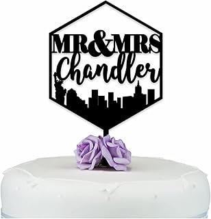 PERSONALISED New York Skyline Mr & Mrs Wedding Cake Topper - Glitter Gold Silver - Rustic Wood Wedding Keepsake - Personalise with ANY SURNAME - NYC Wedding Mr And Mrs Cake Decoration