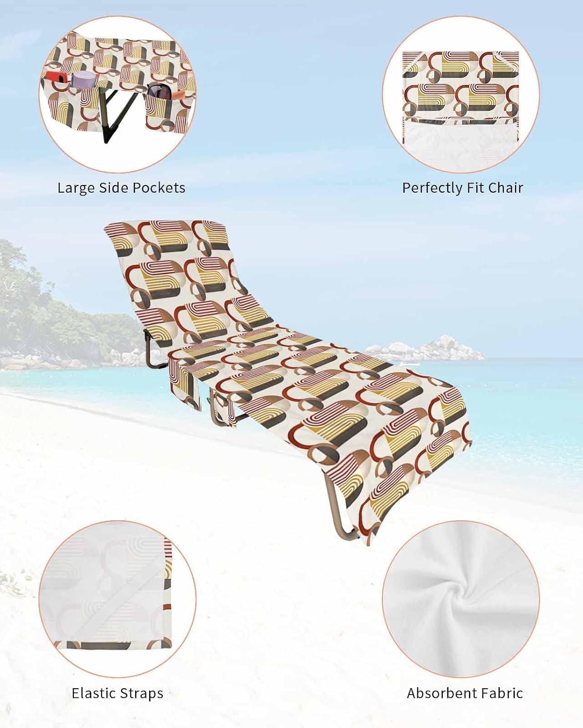 Abstract Geometric Beach Pool Patio Lounge Chaise Chair Cover Towel With Pockets,Absorbent & Quick Dry Microfiber Towel Cover Bag Summer Accessories for Sunbathing Modern Middle Century Vintage Multi