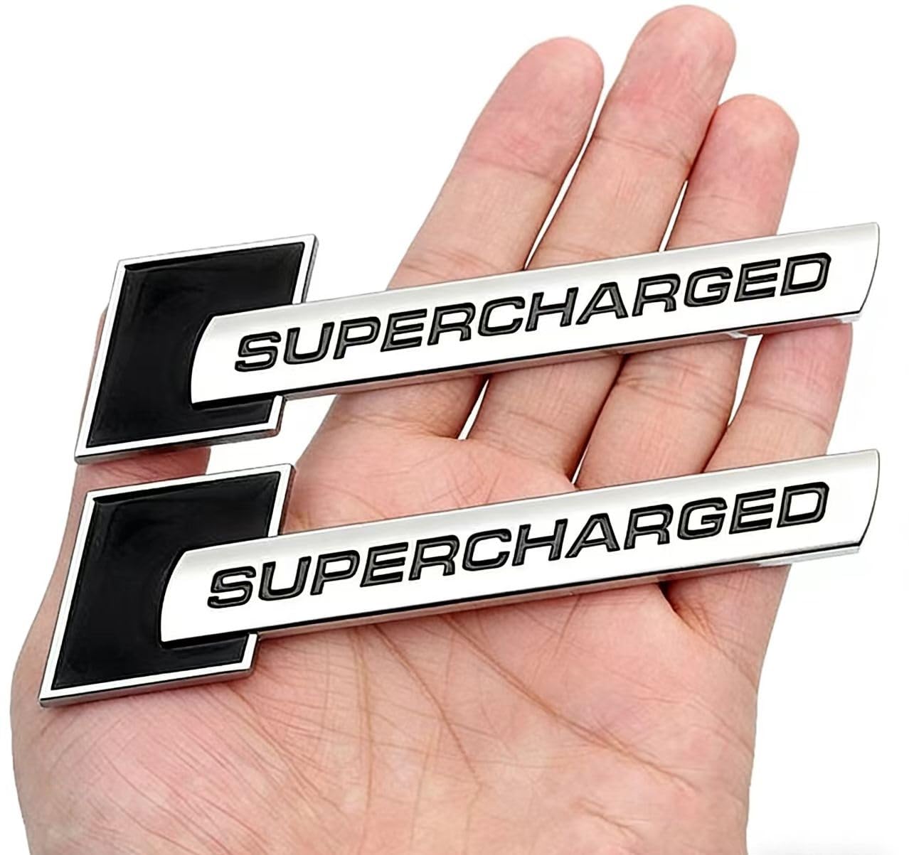 2pcs Metal Supercharged Letters Premium Auto Badge Rear Trunk Sticker Side Fender Decal (Chrome-Black)