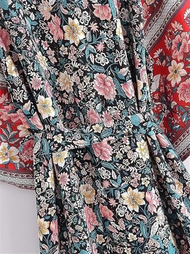 Robe de plage vintage fluide à imprimé floral rose et manches chauve-souris