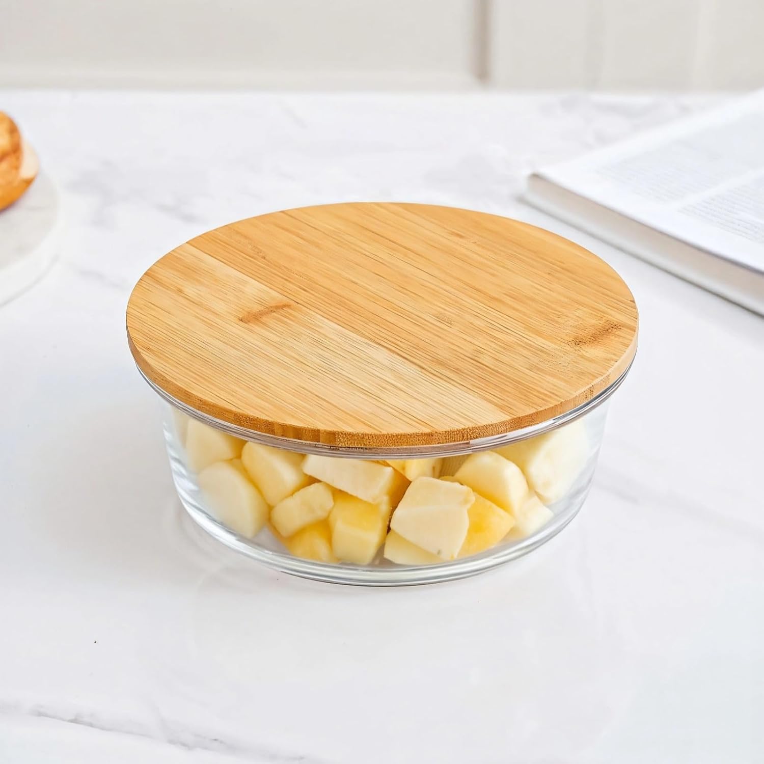 32.1 Oz Glass Trifle Bowl With Bamboo Lid, Food-Safe And Microwave Safe Storage Container, Clear Kitchen Dish For Household, Travel, 950 Ml