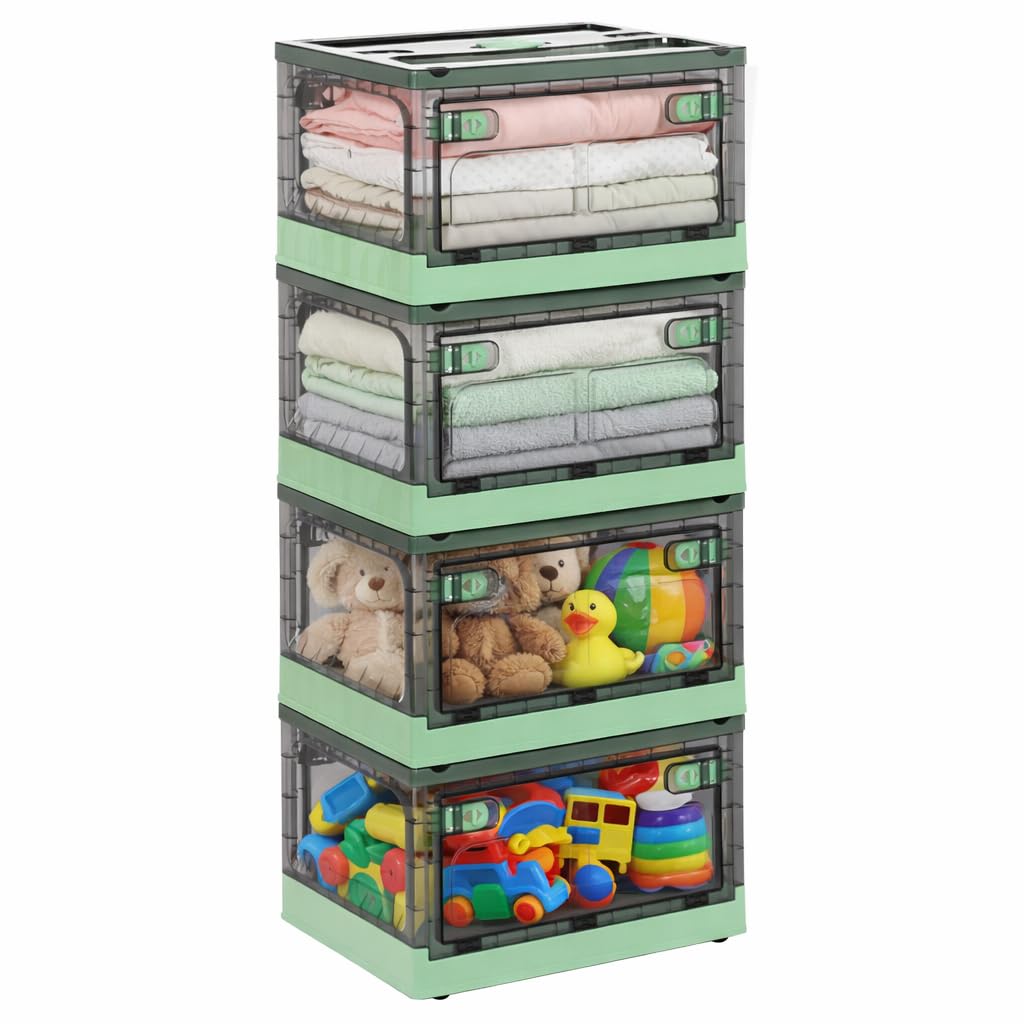 DreamHaven 4Pack Aufbewahrungsboxen mit Deckel 28L faltbare Aufbewahrungsboxen mit Rädern zusammenklappbare Transparente Aufbewahrungsboxen für Spielzeug Kleidung Snacks und Schuhe,Grün