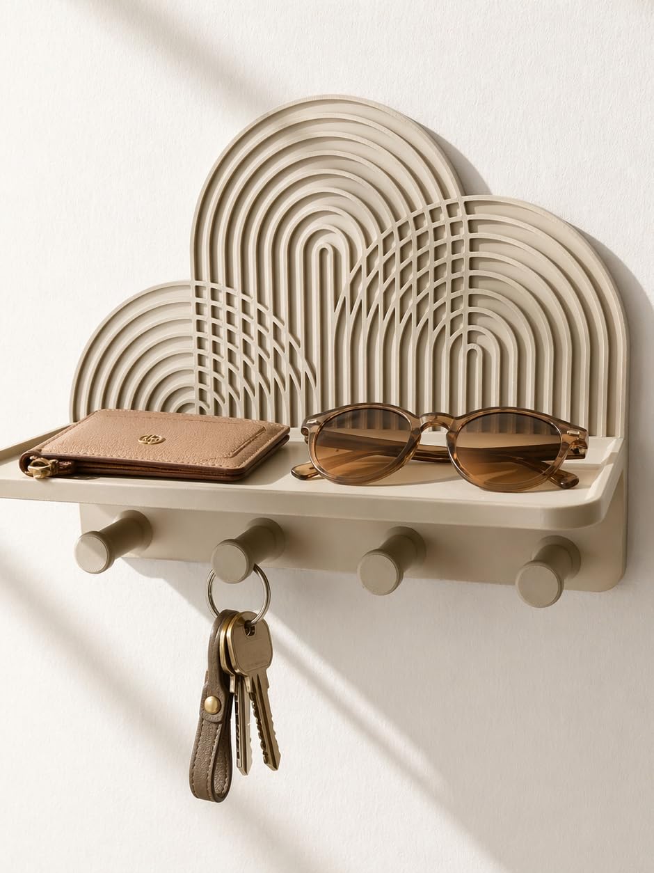 Wall-Mounted Key Holder with Shelf, Decorative Cloud Design, 4 Strong Hooks, Entryway Organiser for Keys, Wallets and Sunglasses-image-46