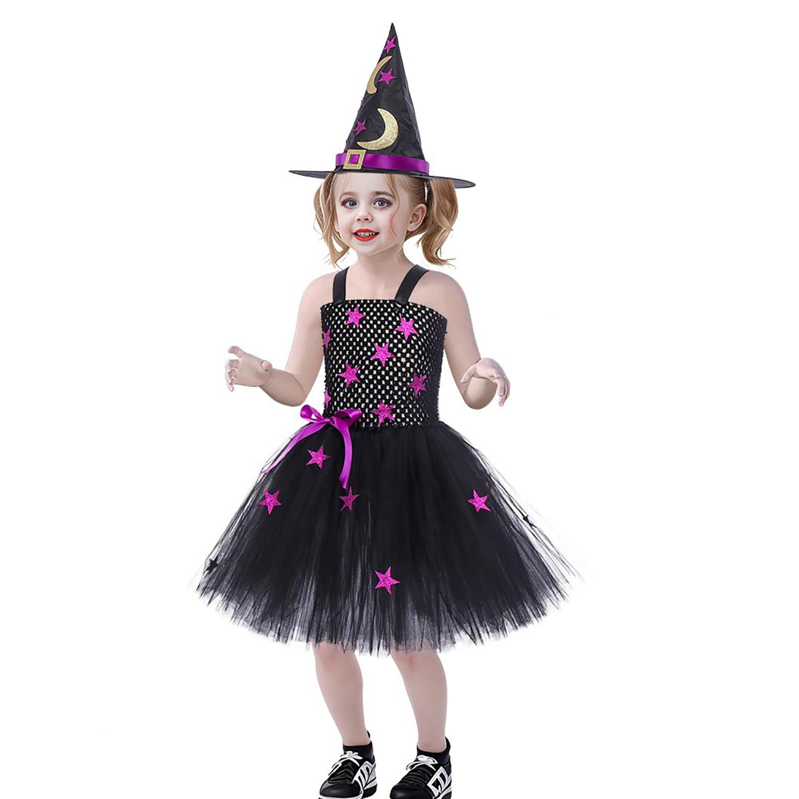 Witch Costume Kids Girls Halloween Costumes for Kids Witches Costumes 4 Pcs Set Dresses with Wizard Hat, Bag and Magic Wand Carnival Outfits Wizard Outfit for Dress Up Party Role Playing Cosplay