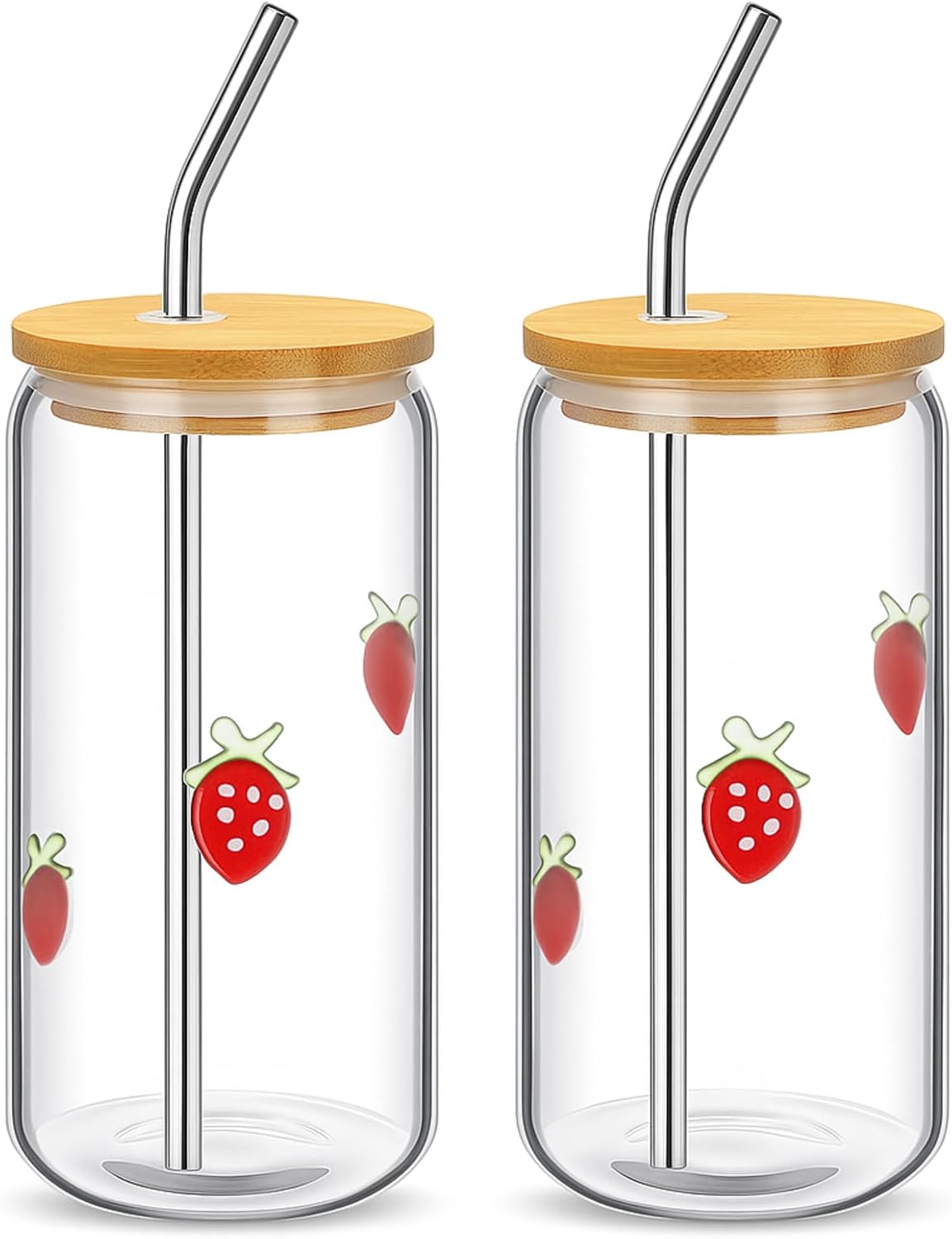 Honeydak 2 Pcs Icon Juice Glass Tumbler-18 oz Icon Can Shape Glass Cups with Lid and Straws, Coffee, Beer, Soda, Juice, Summer Drinking for Halloween Christmas Party Favors (Strawberry)