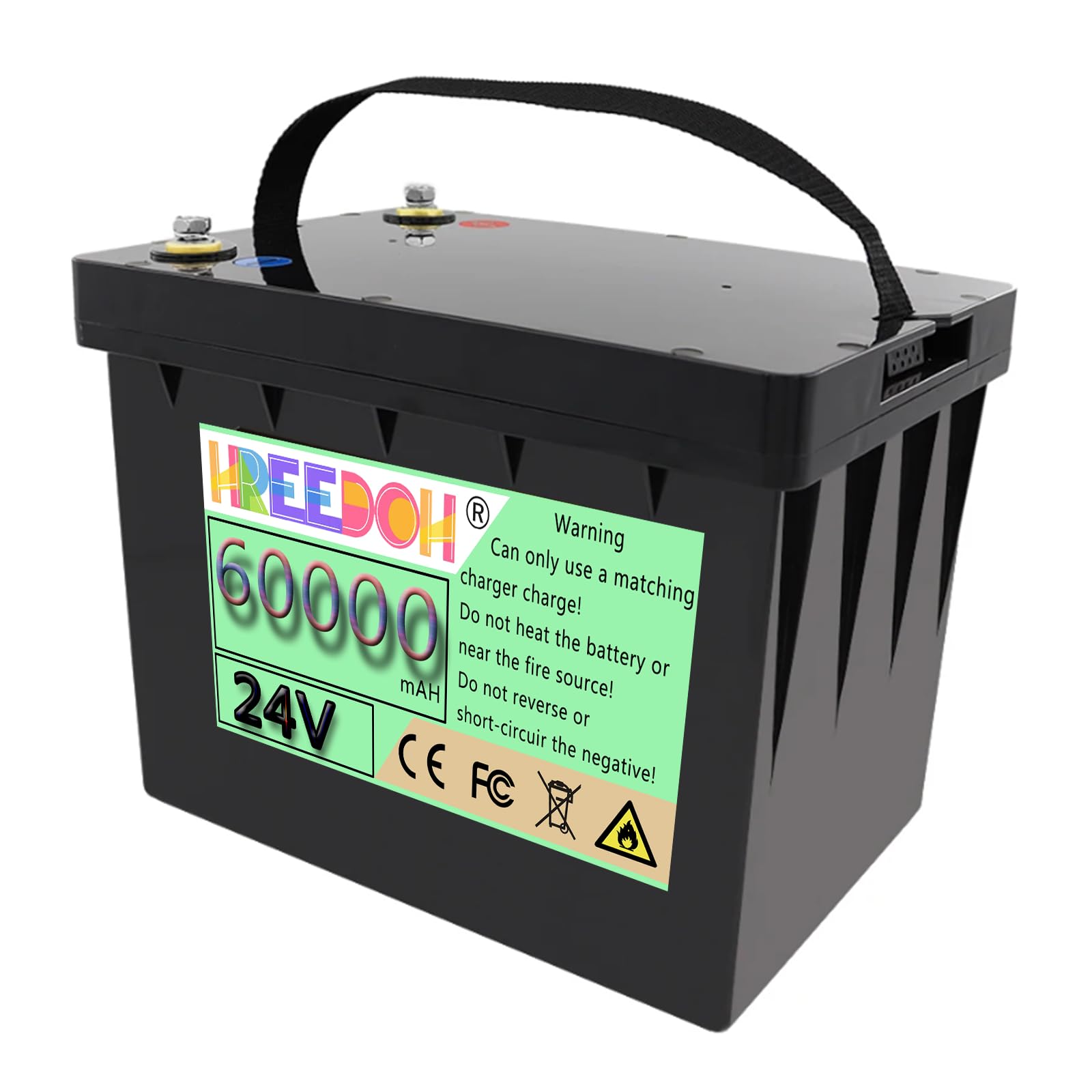Batteria LiFePO4 24V 60Ah, Batteria di Ricambio al Litio Ferro fosfato | Batteria di accumulo di energia da 24 V 60 Ah, involucro in ABS, con maniglia.