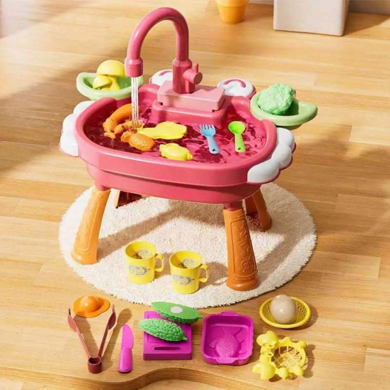 Image of Mini Kids Pretend Kitchen Sink Toy | Pretend Dishwasher with Running Water | Play Sink & Kitchen Playset with Tableware | Multicolour