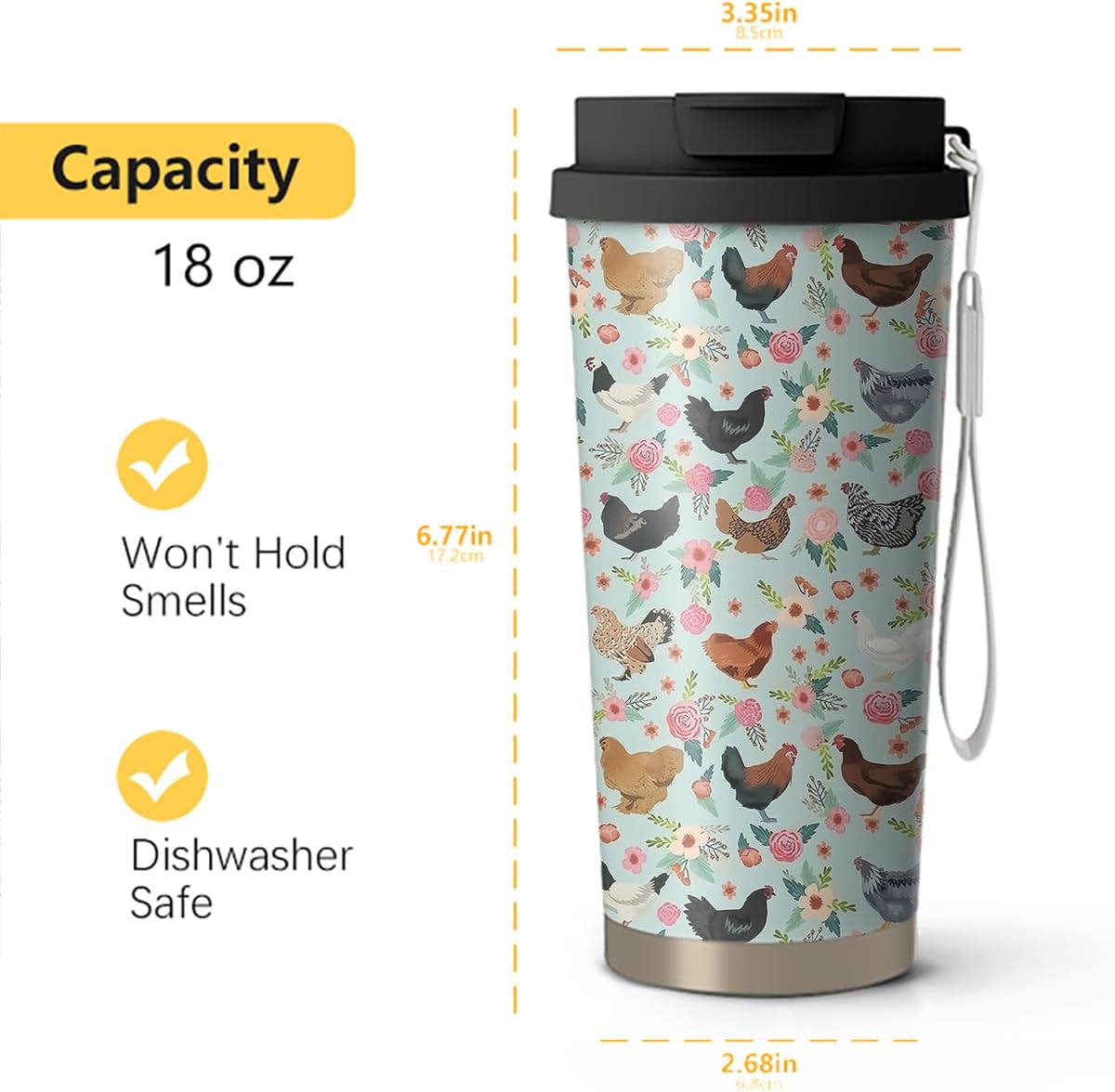 18oz Cute Chicken Coffee Mug Travel Cups with Lid and Flip Straw, Stainless Steel Insulated Tumbler Water Bottle with Strap, Gifts for Women Animal Lovers - Image 2