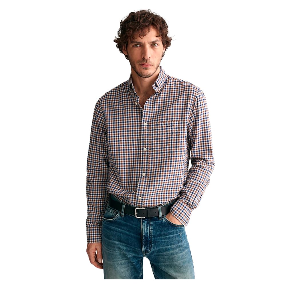 GANT Men's Reg Light Twill Gingham Shirt, Cacao, M