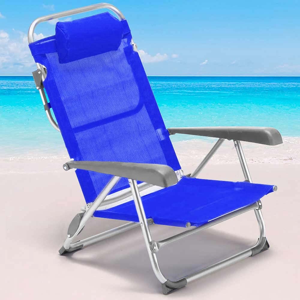 BAKAJI Spiaggina Pieghevole Portatile Schienale Reclinabile Sdraio con Struttura Tubolare in Alluminio Rivestimento Tessuto Textilene Poggiatesta Imbottito per Spiaggia Mare Campeggio (Blue)