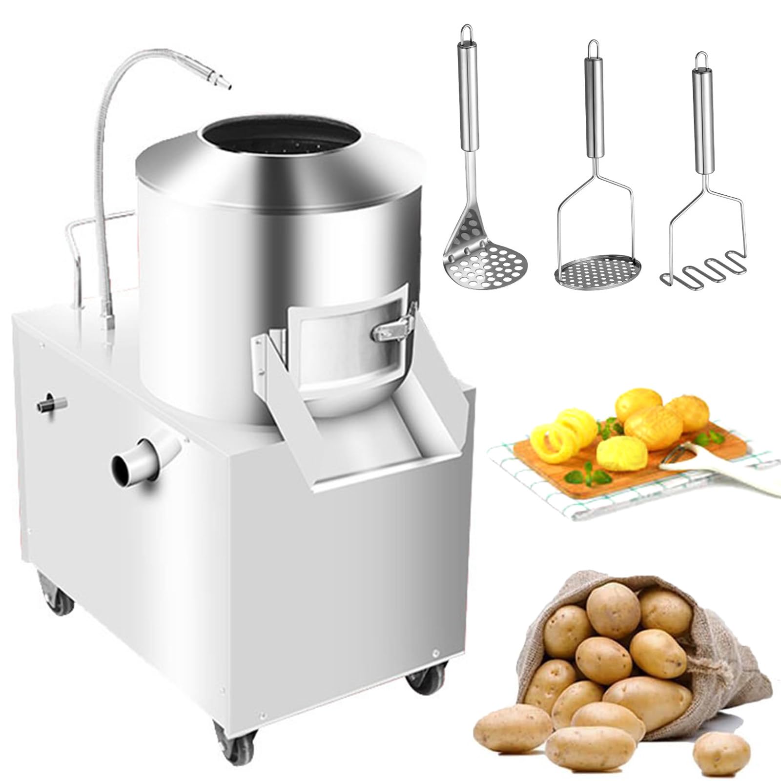 Peladora De Patatas Eléctrica De Acero Inoxidable De 2200W, Lavadora Peladora Por Fricción Comercial De 400Kg/H Con 3 Herramientas Para Machacadoras De Patatas Para Uso Con Taro, Jengibre Y Batatas