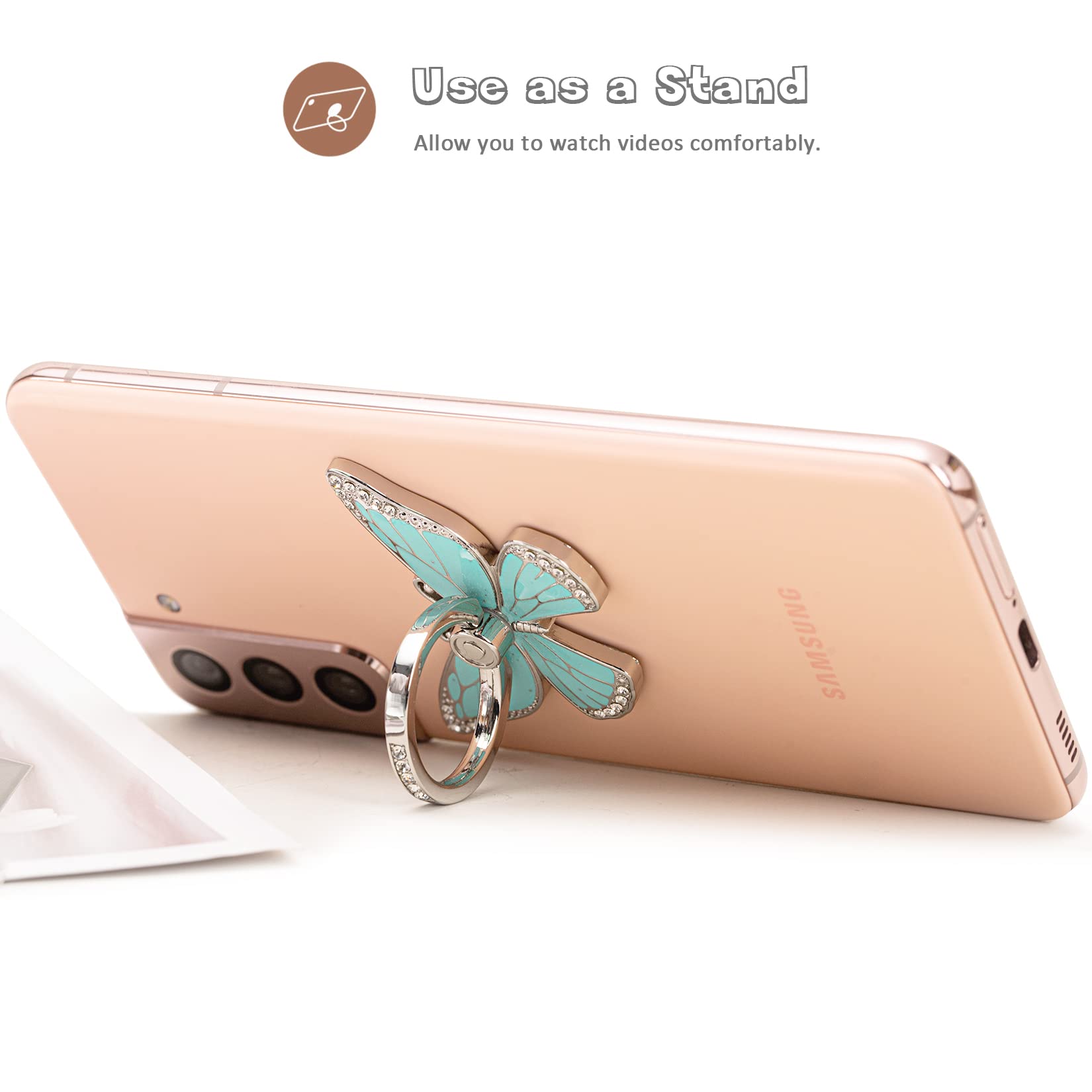 Doflyesky Schmetterling Handy Ring Grip Halter, Metall Fingerhalter mit 360° Drehung, kompatibel mit iPhone, Samsung Galaxy und Smartphone (Silber Transparent Grün