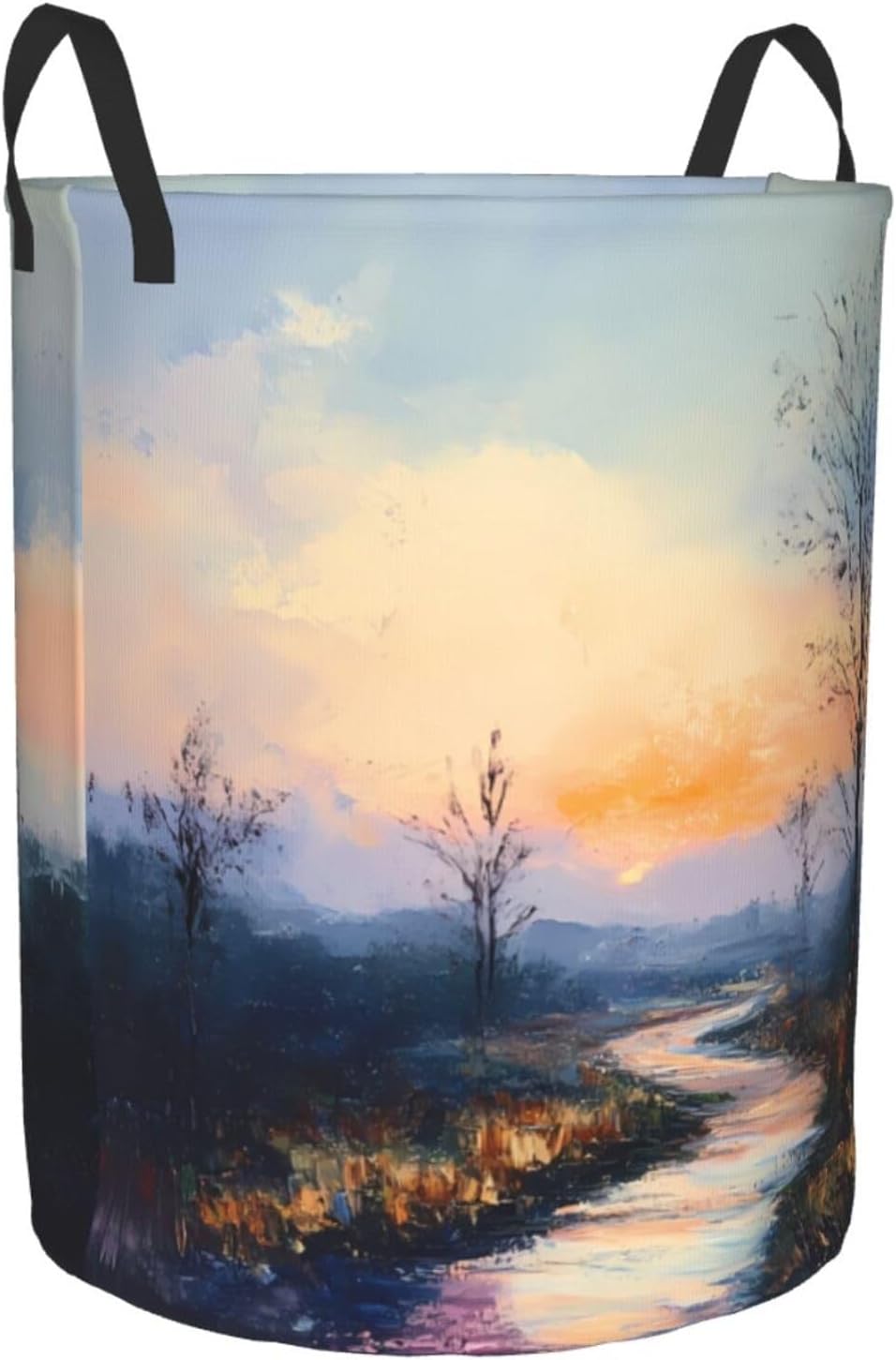 Country Road Round Single-layer Laundry Basket, Portable Storage Laundry Basket, Bedroom Clothes Storage Basket with Handle