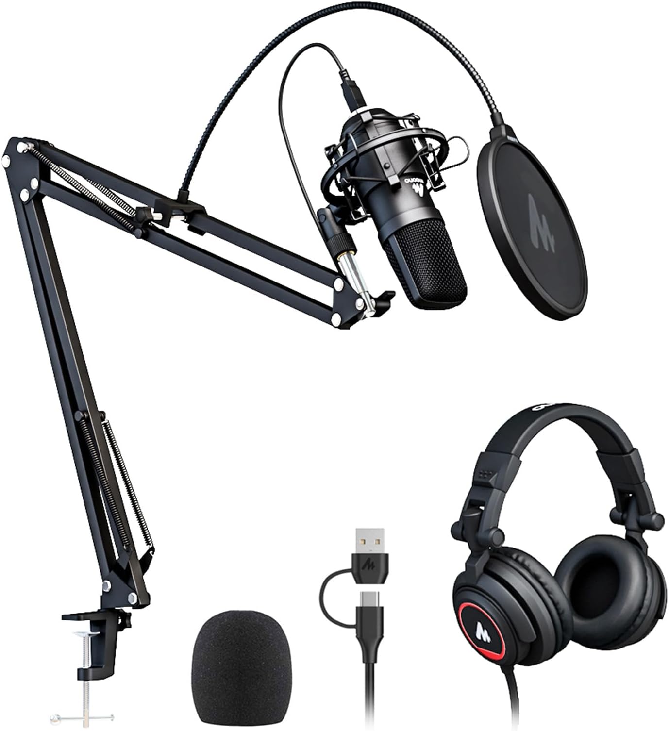 MAONO Microphone with Studio Headphone Set 192kHz/24bit Vocal Condenser Cardioid Podcast Mic Compatible with Mac and Windows, YouTube, Gaming, Live Streaming, Voice-Over (AU-A04H)