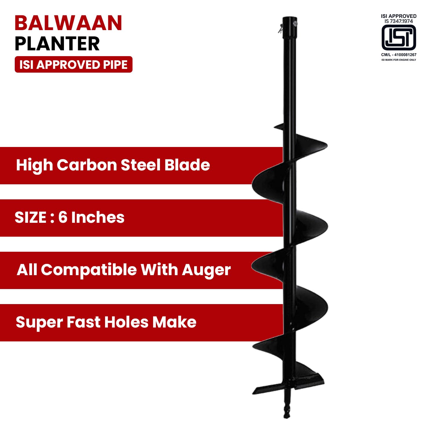 BALWAAN Krishi 6-Inch Single Spiral Earth Auger Drill Planter | 15 cm/152 mm Post Hole Digger for Garden & Agricultural Use - Image 3 thumbnail