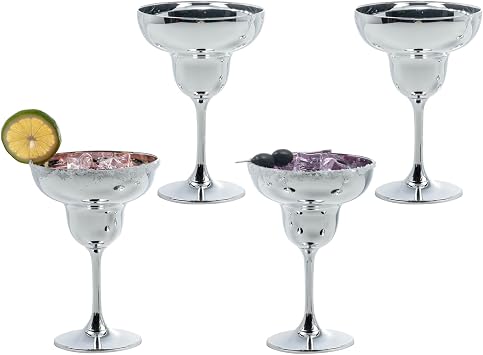 MyGift 10 Ounce Margarita Glasses with Modern Silver Tone Plated Finish, Cocktail Drinkware Stemware for Holiday, NYE Party, Wedding, Restaurant, Set of 4
