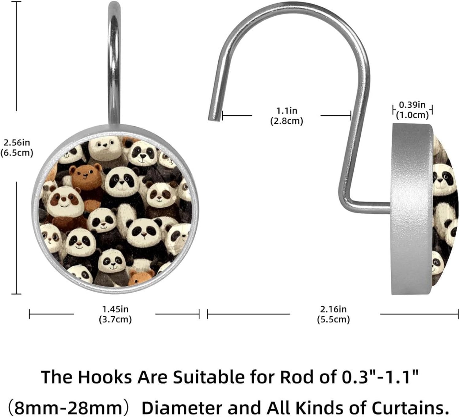 12 Pieces Cute Pandas Pattern (1) Shower Curtain Hooks Rings, Stainless Steel Shower Hook Hanger Rings for Bathroom Living Room Bedroom Home Decor