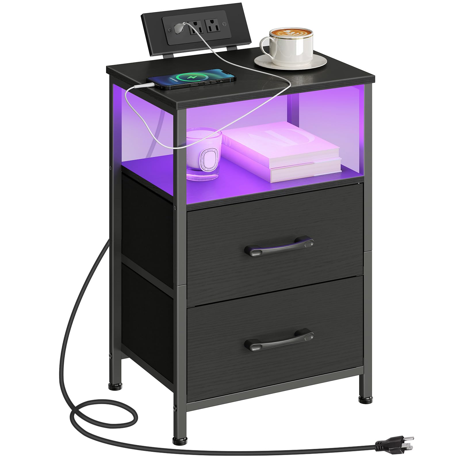 HOOBRO Nightstand with Charging Station, Bedside Table with LED Lights and 2 Fabric Drawers, End Table with 2 AC Outlets and USB Port, Small Night