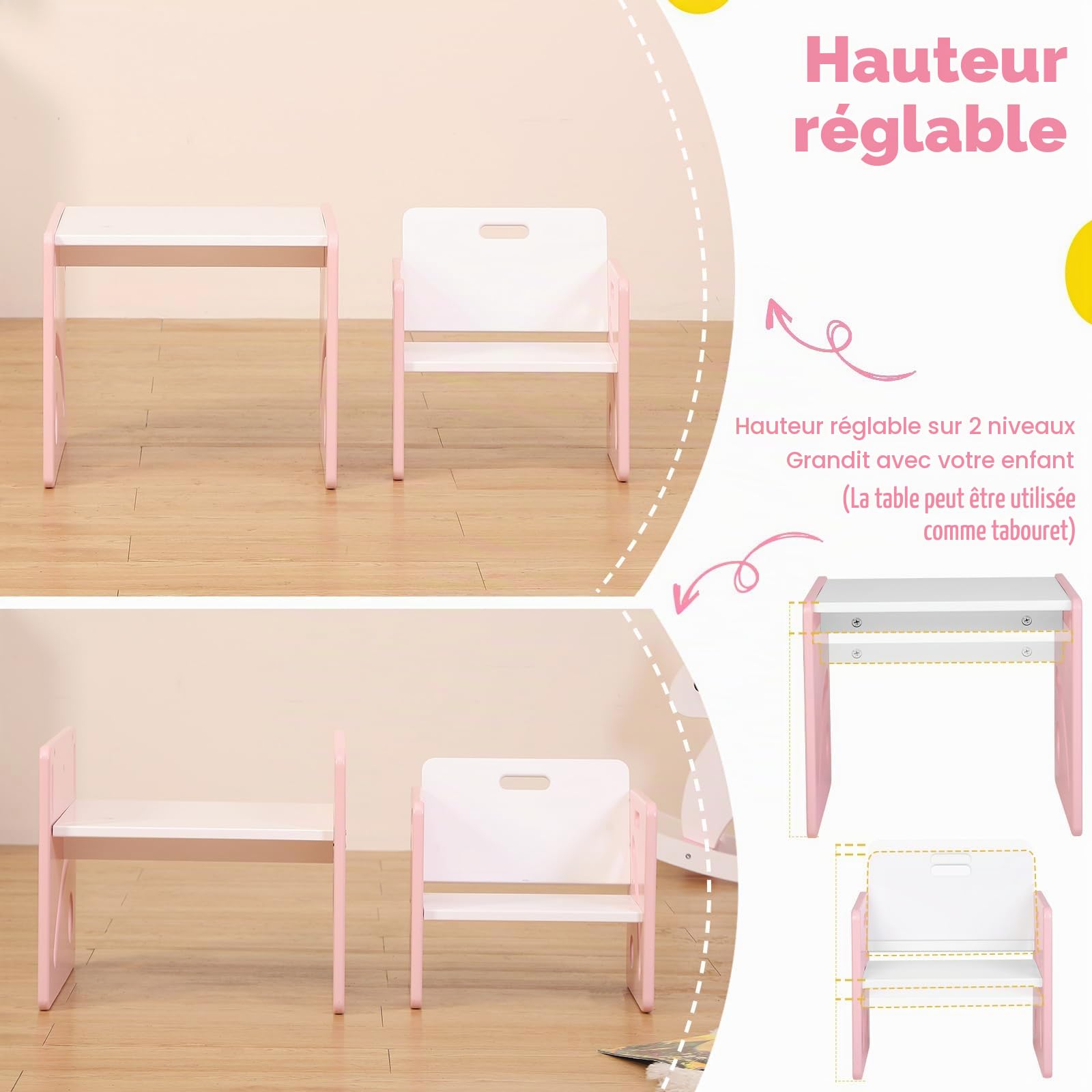 FUNLIO Ensemble Table et Chaise Montessori pour bébés de 1 à 3 Ans, Table et Chaise Ajustables en Hauteur pour la Lecture, Les Repas et Le Jeu, Facile à Assembler, certifié CPC - Rose