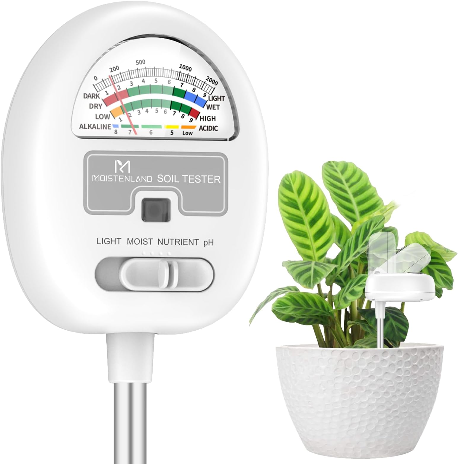 Improved Soil Moisture Meter, 4-in-1 Soil PH Tester, Soil Moisture/Light/Nutrient/pH Meter, Gardening, Lawn, Agriculture, Indoor and Outdoor Plants, No Batteries Required