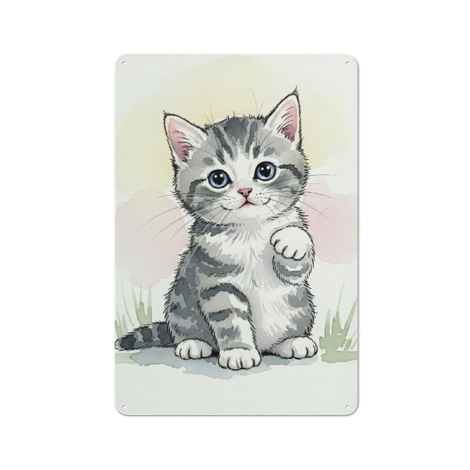 Junmoney Style-9 Cute Watercolor Kitten Waving Retro Tin Wall Plaque 30X20cm For Guest Room Or Hallway, For Vintage Wall Decor Fans, For Themed Room Decoration